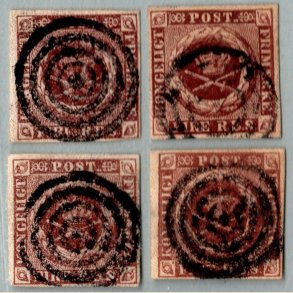 4 stk 4RBS i forskellige farver og tryk 1851-53.