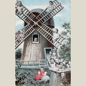 Postkort med babyer, brugt tynd og fold hvor frim�rket har v�ret.