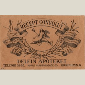 Receptkuvert fra Delfin apoteket. Gammel med 4-cifret tlf.nr. Bagsiden er blank.