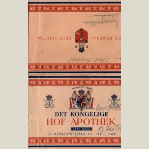 Receptomslag fra det kongelige hof-apotek. Gammel interessant ting.